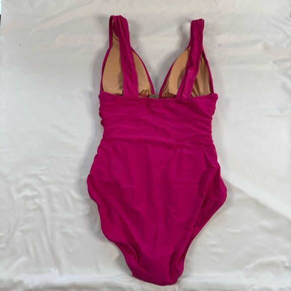 NWT J Crew Pink Ruched V Neck One Piece Swimsuit Beach Barbie Classic Size 10 - Picture 6 of 7